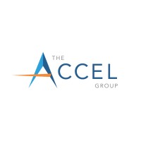 The Accel Group's company logo consists of the words "THE ACCEL GROUP. "THE" is right above and in between the A and C in Accel. "GROUP" is right below the E and L in Accel. The left side of the A in Acell is a light blue and the right side is a dark blue. the horizontal dash in the A is yellow. The rest of the letters in Accel are a dark blue. The background is white.