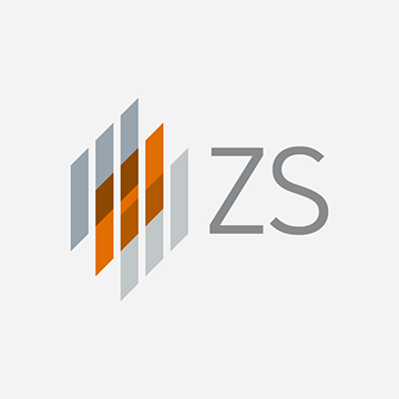 ZS's company logo consists of a white background with the light gray letters "Z" and "S." To the left of the letters are 9 italicized vertical rectangles (3 per set that overlap the next set). The middle ones are a transparent orange.