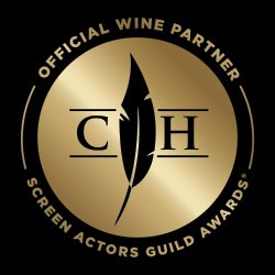 Cooper's Hawk's company logo consists of a bronze/gold circle with the black Cooper Hawk's logo in the center. There is a black feather dividing the C and H of Cooper Hawk's logo. Around the logo are the bronze/gold, uppercase words "OFFICIAL WINE PARTNER" (top) and "SCREEN ACTORS GUILD AWARDS" bottom.