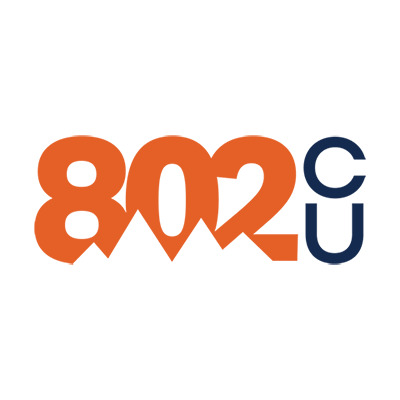 802 Credit Union's company logo consists of the numbers 802 in orange with the black silhouette of mountains on on the bottom portion of them. To the right of the numbers are the navy blue letters C and U stacked vertically.