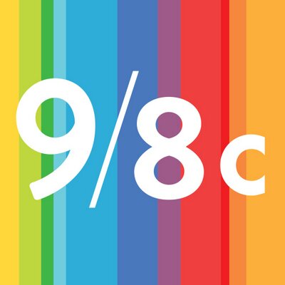 9/8 Central's company logo consists of a rainbow background (the colors are side-by-side in a vertical pattern) with the white numbers and forwards slash "9 / 8" and a lowercase, white c to the right of the 8.