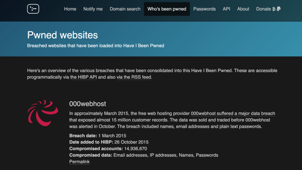 Pwned websites image from Have I Been Powned dot com.