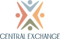Central Exchange's company logo consists of the cartoon of 4 individuals looking up with their arms spread far apart, forming a square with pointed edges. The colors of the people are light blue, yellow, forest green, and mauve. Underneath, the navy blue, capitalized text reads "CENTRAL EXCHANGE." The background is white.