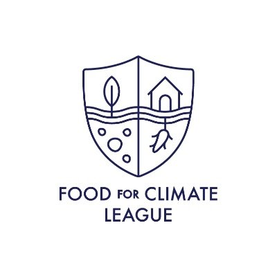 Food for Climate League's company logo consists of a shield with a tree on the left side of it, and a house on the right side of it. Underneath it are the words "Food for Climate League." The background is white.