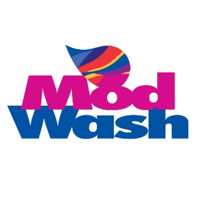 ModWash's company logo consists of the word "ModWash." Mod is in a magenta color and Wash is in a dark blue color. Above the o in Mod is a water droplet that is multicolor (red, blue, yellow, purple.)