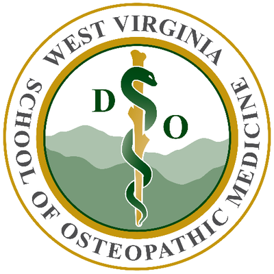 West Virginia School of Osteopathic Medicine's company logo consists of a green snake on a golden stake with green mountains in the background. The words "West Virginia School of Osteopathic Medicine" go around the snake in a circular fashion.