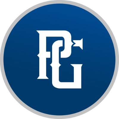 Perfect Game's company logo consists of a gradient navy blue background with a silver ring surrounding it. In the center of the circle are the white letters "P" and "G." The upper half of the g goes through the whole in the upper part of the p.