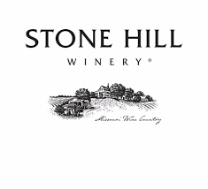 Stone Hill Winery's company logo consists of the black, capitalized text "STONE HILL WINERY." The word winery is underneath Stone Hill. Underneath the word winery is a black drawing of a large home or winery at the top of a hill with trees.