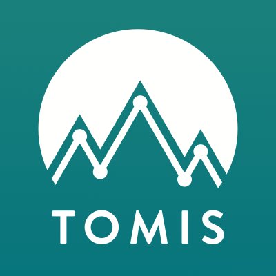 TOMIS' company logo consists of a teal background with the white silhouette of a moon behind three teal mountain peaks. Below the mountain is the capitalized, white word: TOMIS.