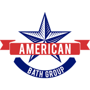 American Bath Group's logo consists of a textured blue star with a red horizontal ribbon on top of it with the white, capitalized text "AMERICAN." Beneath it are the uppercase, white words "BATH GROUP"