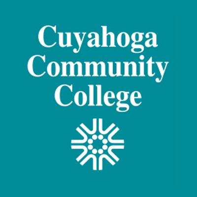 Cuyahoga Community College's school logo consists of a teal background with the white text "Cuyahoga Community College." Each of the words are on their own line respectively. Beneath the word "College" is a white, 8-sided round figure with 8 dots going in a circle in the center.