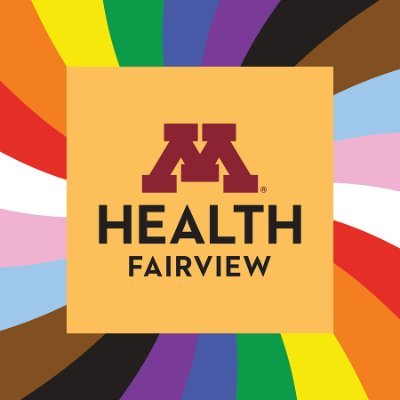Fairview Health Services' logo consists of a rainbow, spiral background with a light-orange square in the center with a brownish M and the words "HEALTH FAIRVIEW" directly below it.