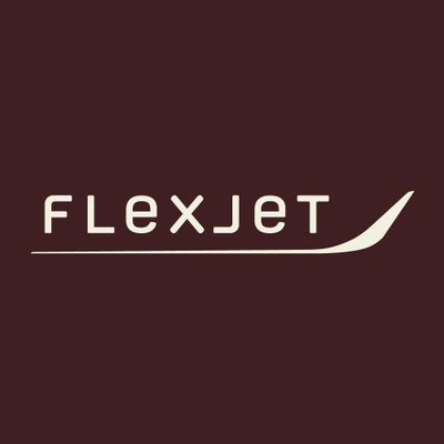 Flexjet's company logo consists of a chocolate brown background with the white, capitalized text "FLEXJET" with an airplane wing underlining it.
