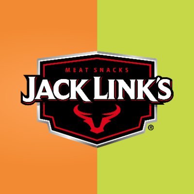 Jack Link's company logo consists of a orange and lime-green background (split vertically in the middle) with a black and red, badge-looking symbol, with the white, bold text "Jack Link's" running across the middle of it. Above it is the red text "meat snacks," and below it is the red drawing of a bull's head.