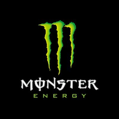 Monster Energy's company logo consists of a black background with the green (vertical) claw marks. Underneath that is the uppercase, white text "MONSTER." Below that is the uppercase, green text "ENERGY."