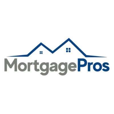 MortgagePros' company logo consists of a white background with the silhouette of a blue house with the gray and blue text "MortgagePros," respectively, underneath.