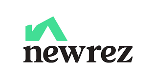 NewRez LLC's company logo consists of a background with the lowercase, black text "NewRez." Above the word "NEW" in "NewRez" is a mint-green roof.