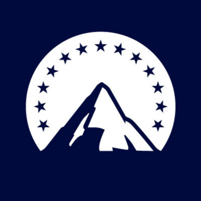 Paramount's company logo consists of a navy blue background with a white moon with stars around it and the silhouette of a mountain in front of it.