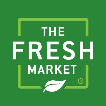 The Fresh Market's company logo consists of a leaf-green background with the capitalized white text "THE FRESH MARKET" stacked on top of each other. There is a white leaf underneath the word "market."
