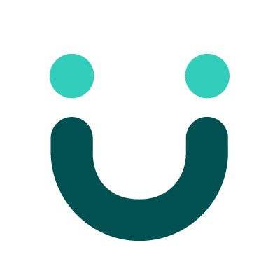 UKG's company logo consists of a white background with two mint-green dots, representing eyes, and a forest-green u, representing a smile.