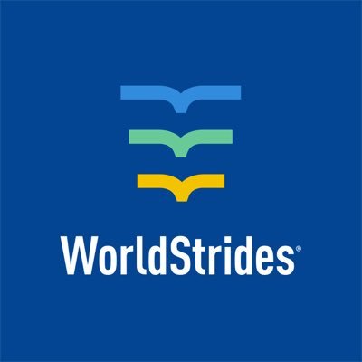 WorldStrides' company logo consists of a blue background with three open book-looking drawings stacked above and below each other in a vertical fashion. Underneath is the white text "WorldStrides."