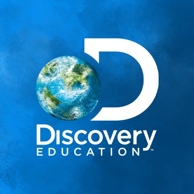 Discovery Education's company logo consists of a powdery-blue background with the white text "Discovery Education" in the center. Above that is a capital white D with an image of the Earth over the left side of it.