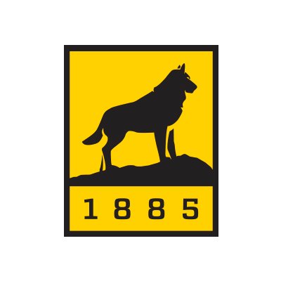 Michigan Technological University's company logo consists of a yellow rectangle with a black outline. The inside has the silhouette of a black wolf on a mound with the numbers 1885 underneath it.