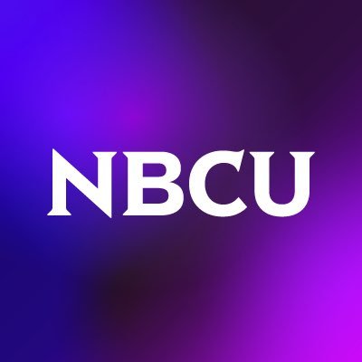 NBCUniversal's company logo consists of a glowing purple background with the white letters "N.B.C.U." in the center.