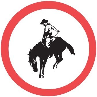 The company logo consists of a white circle with a red outline. Inside the white circle is the silhouette of a bucking horse with a cowboy on its back.