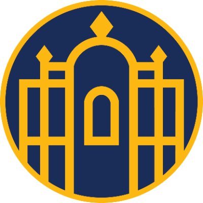 Smith College's school logo consists of a navy blue circle with a gold ring around it. Inside the circle is the gold silhouette of a college building.