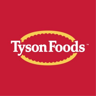 Tyson Foods' company logo consists of a red background with the white text "Tyson Foods" in the center. There is a yellow outline of an oval behind the text.