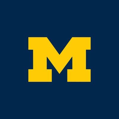 University of Michigan's company logo consists of a navy blue background with a yellow, capital m in the center.