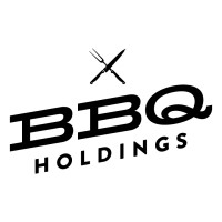 BBQ Holdings, Inc's company logo consists of a white background with the slanted, black text: BBQ HOLDINGS, in all caps. Above the word BBQ is a meat fork and knife in crossing each other, forming an x.