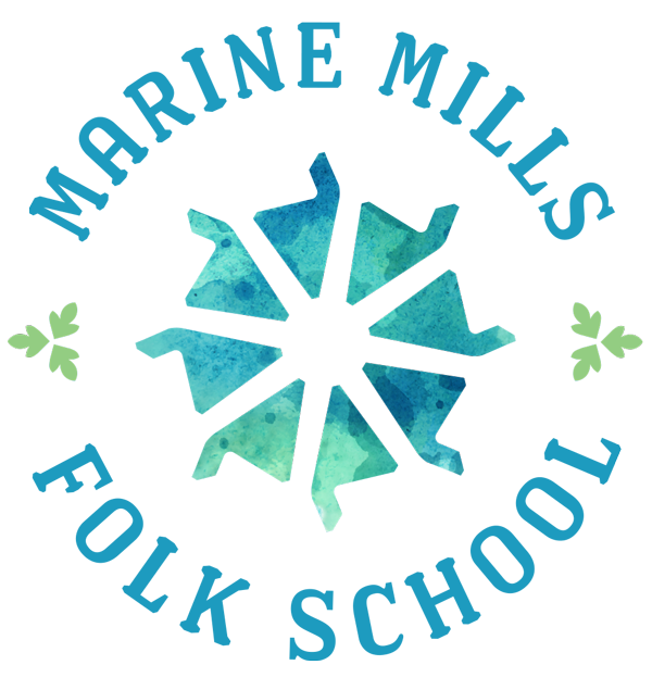 Marine Mills Folk School's company logo consists of an abalone-colored windmill with the light-blue words "Marine Mills Folk School" going around it in a circular fashion.