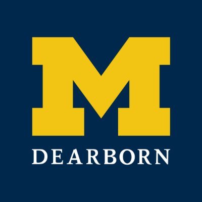 University of Michigan's company logo consists of a navy blue background with a yellow, capital m in the center. Under the M is the uppercase white text, "DEARBORN."
