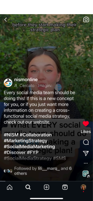 Cassandra Hultgren's TikTok for NISM–showcasing hashtags like, NISM, collaboration, marketing strategy, social media marketing, discover, FYP, social media strategy, SMS, and more.