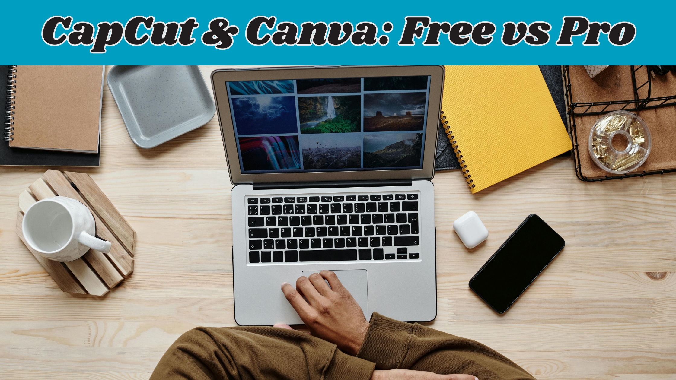 CapCut Laptop Beside Gold Folder on White Table