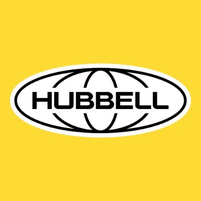 Hubbell Incorporated's company logo consists of a yellow background with a wide globe-/earth-shaped circular figure in the middle with the word Hubbell in the center.