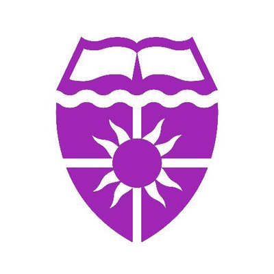 University of St. Thomas' school logo consists of a white background with a purple shield, with the picture of a sun in the center, and an open textbook directly above the shield.