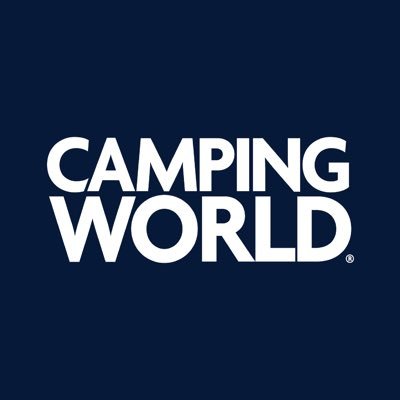 Camping World's company logo consists of a navy blue background with the uppercase white text, "Camping World," in the center.