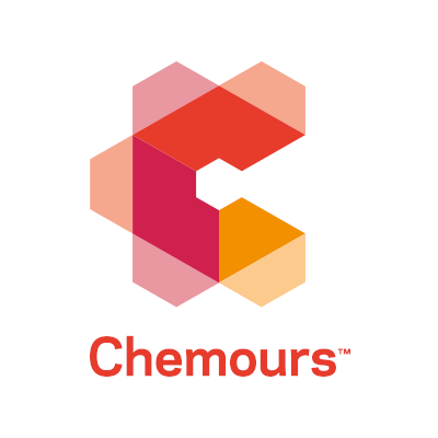 The Chemours Company's company logo consists of a white background with a transparent red and orange polygonal figure with the red text, "Chemours," underneath it.