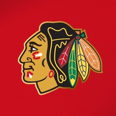 Chicago Blackhawks' team logo consists of a red background with the profile view of a man's head with face paint, black hair, and multi-colored feathers in his hair.