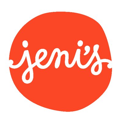 Jeni's Splendid Ice Creams's company logo consists of a white background with a red-orange crooked circle with the lowercase cursive text, "jeni's."