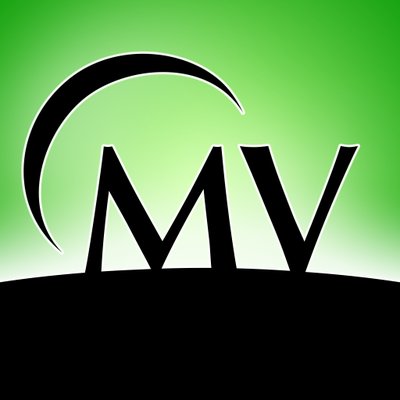 Matanuska Valley Federal Credit Union's company logo consists of a gradient green sky background, a black ground, and the black letters, "M.V."