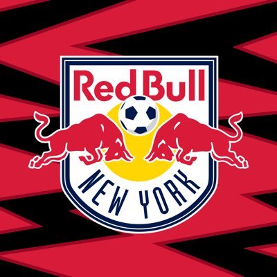 New York Red Bulls's company logo consists of a red and black zig-zag background with a shield emblem with the Red and blue text, "Red Bull New York," with a soccer ball and two red bulls facing each other.