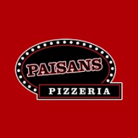 Paisans Pizzeria And Bar's company logo consists of a pizza-sauce-red background with an ornate black oval with the word, "Paisans," in the center. Beneath it in a black rectangular box is the word, "pizzeria."
