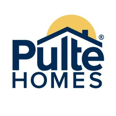 PultGroup's company logo consists of a white background with the navy blue text, "Pulte Homes," underneath a roof and sun.