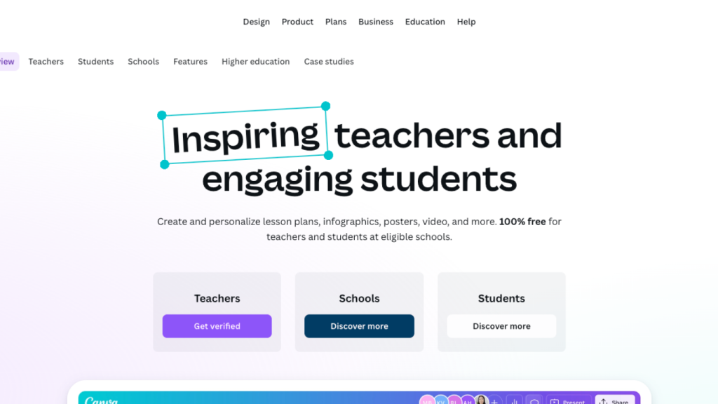 Canva website screenshot of text that reads, "Inspiring teachers and engaging students."