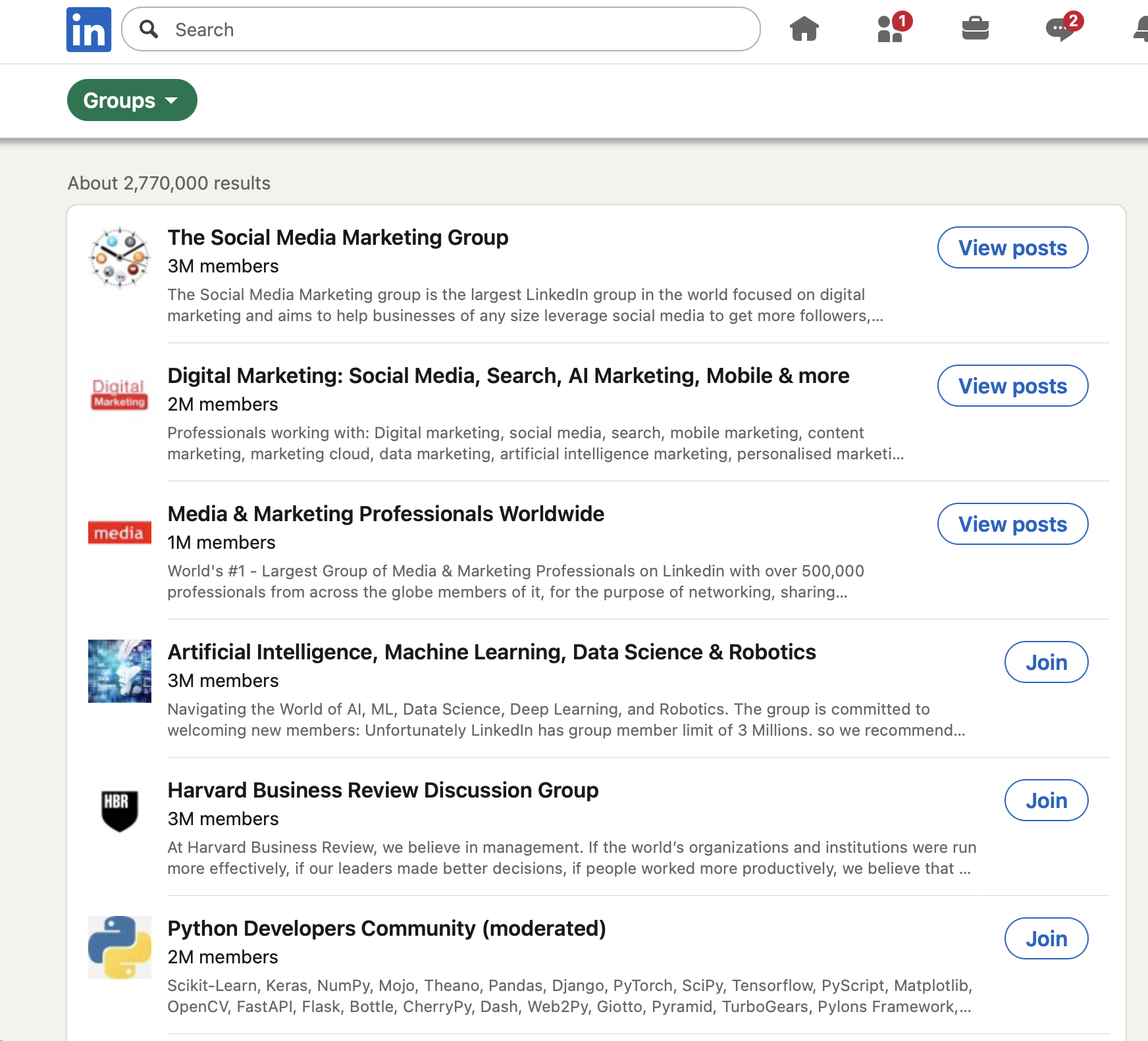 The image showcases a few different marketing groups on LinkedIn, including The Social Media Marketing Group, Digital Marketing: Social Media, Search, AI Marketing, Mobile & more group, and the Media & Marketing Professionals Worldwide group.