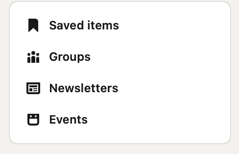 The picture showcases the text, "Saved Items, Groups, Newsletters, and Events."